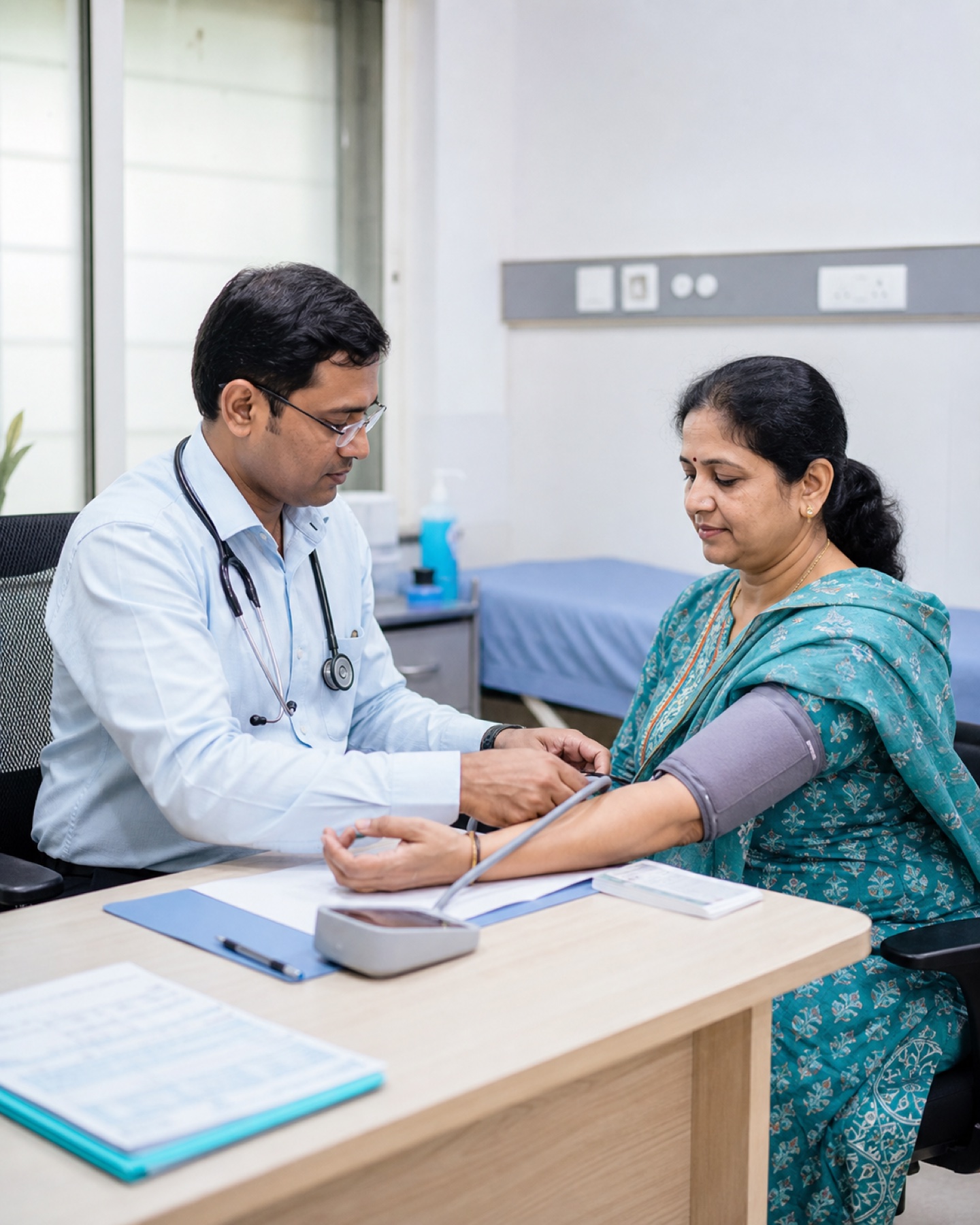 General physician performing a routine blood-pressure assessment at Mangala Hospital