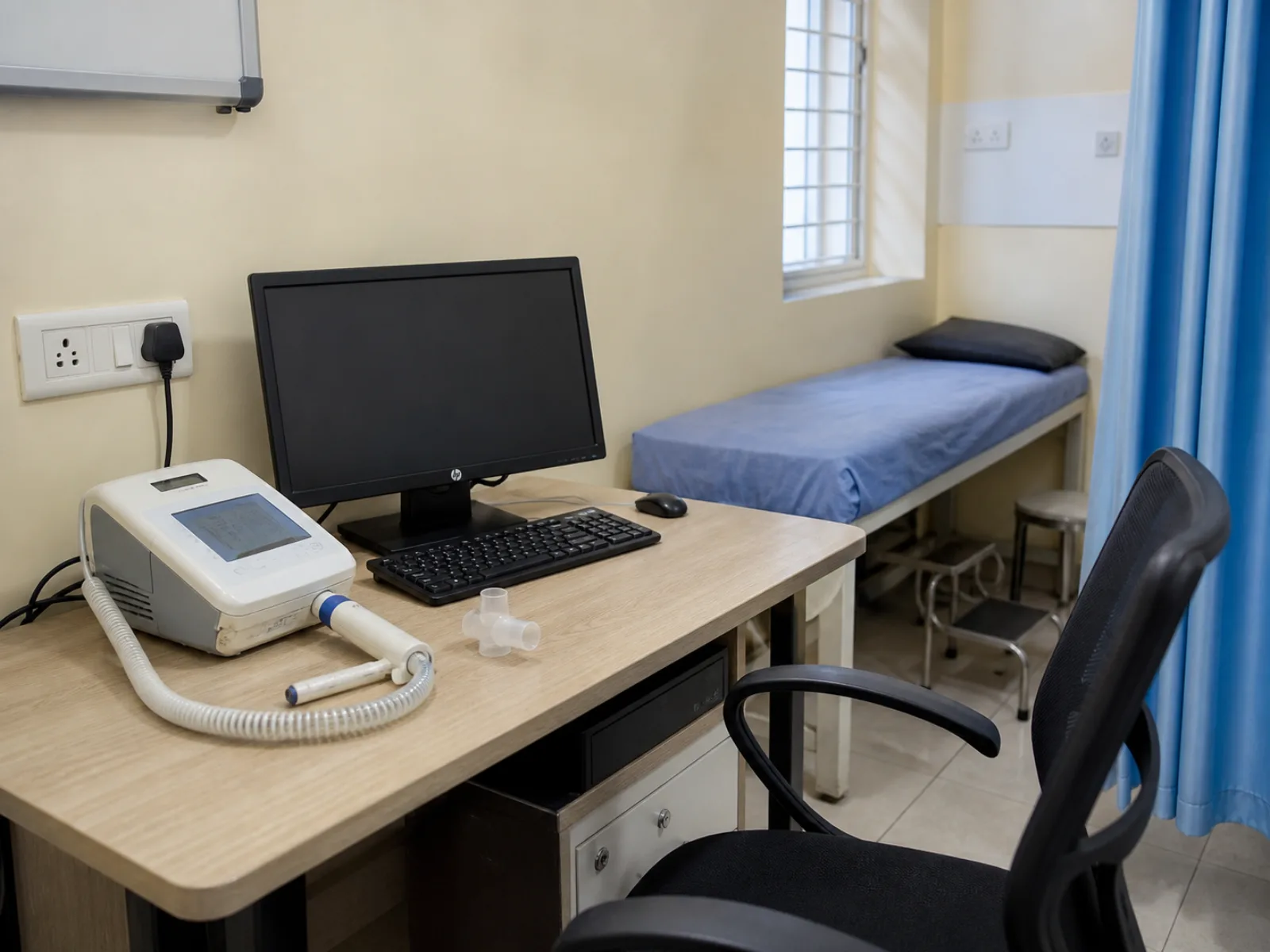 Pulmonary function testing equipment prepared in a respiratory diagnostics room