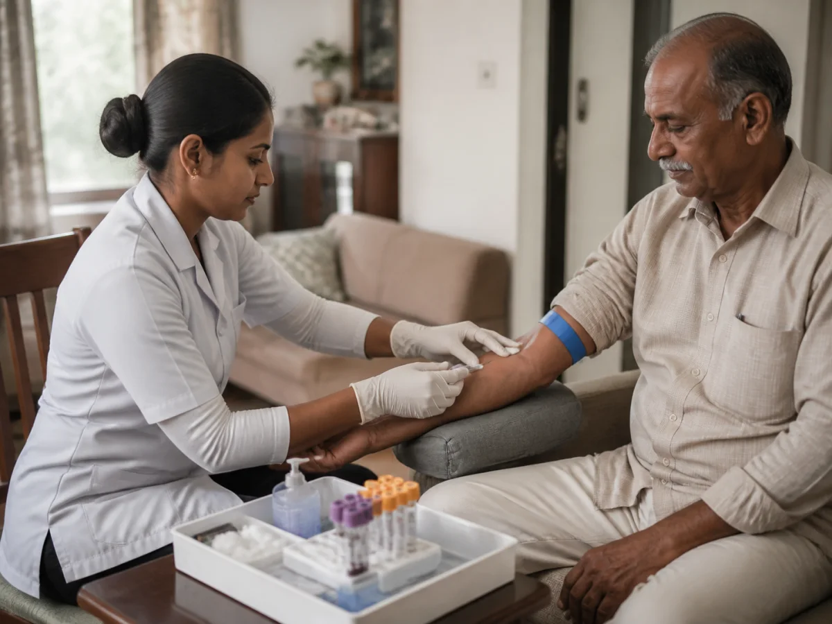 Mangala Hospital phlebotomist collecting a blood sample from an elderly patient at home