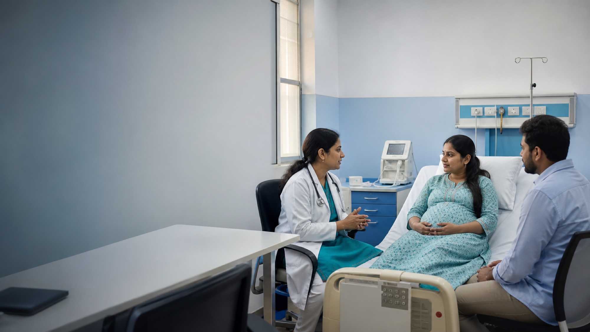 Obstetrician consulting an expectant mother and her family at Mangala Hospital