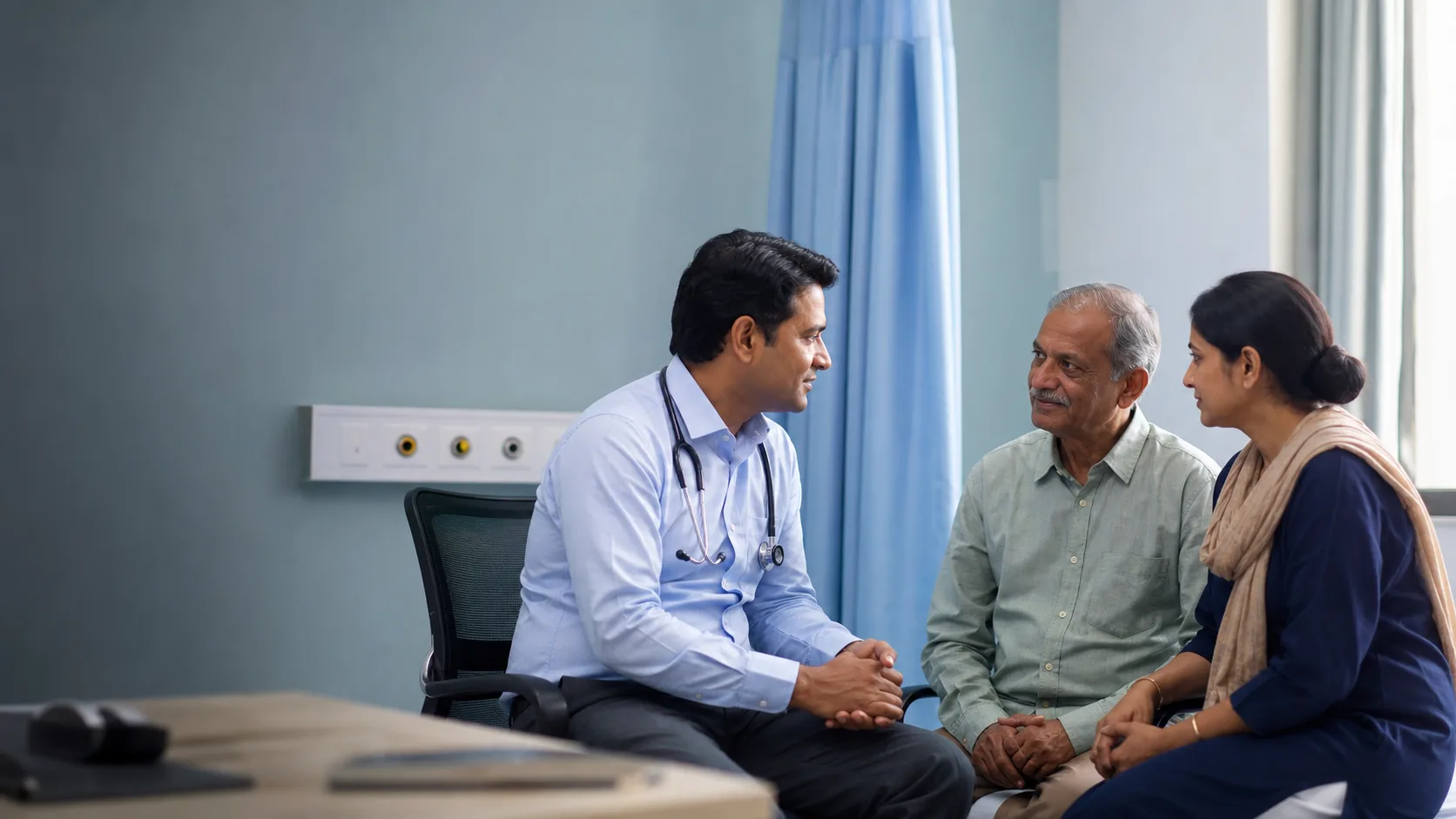 Doctor discussing a comfort-focused care plan with an older patient and family member
